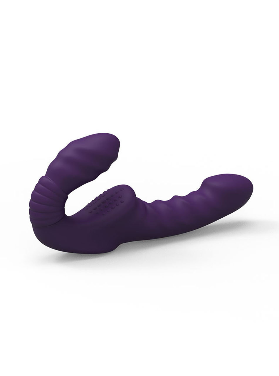 Purple flexible dual pleasure vibrator shown horizontally with long curved shaft and shorter external arm