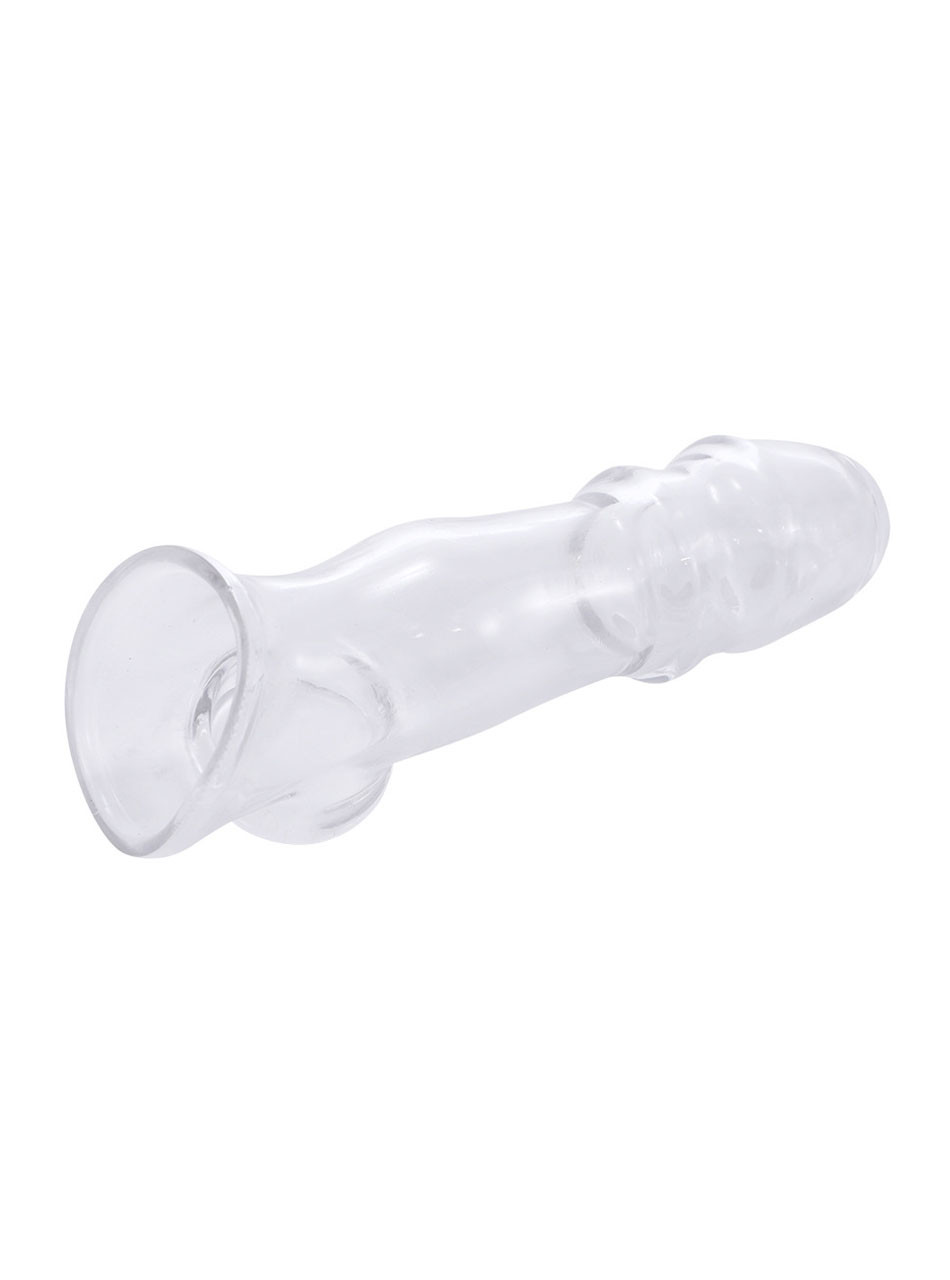 Crystal Clear bubble textured hollow penis sleeve shown from an angled rear view