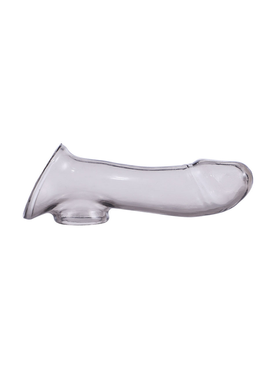 Crystal Black smooth curved hollow TPE penis sleeve shown from the side