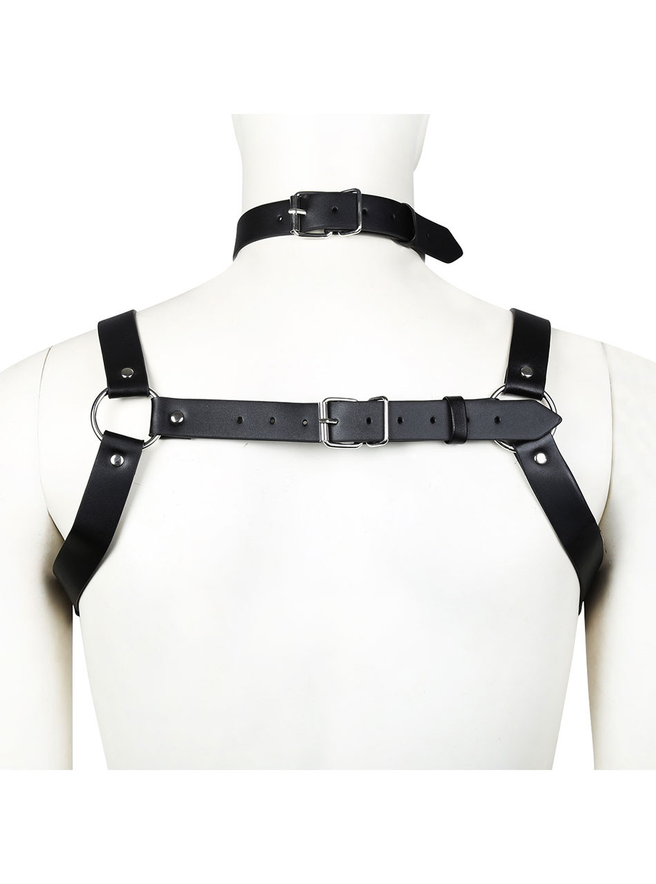 Rear view of black leather collar harness with adjustable chest buckle