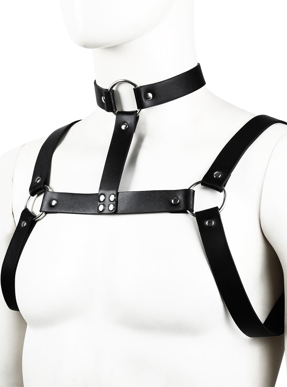 Front view of black leather chest harness with integrated collar and O-ring hardware
