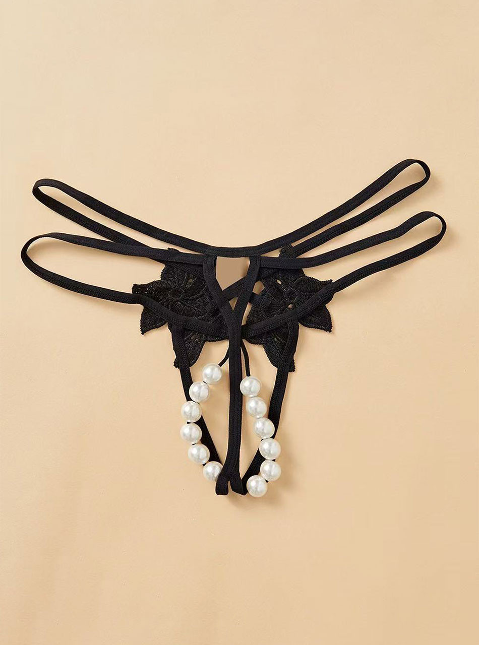 Black double pearl crotchless G-string front view