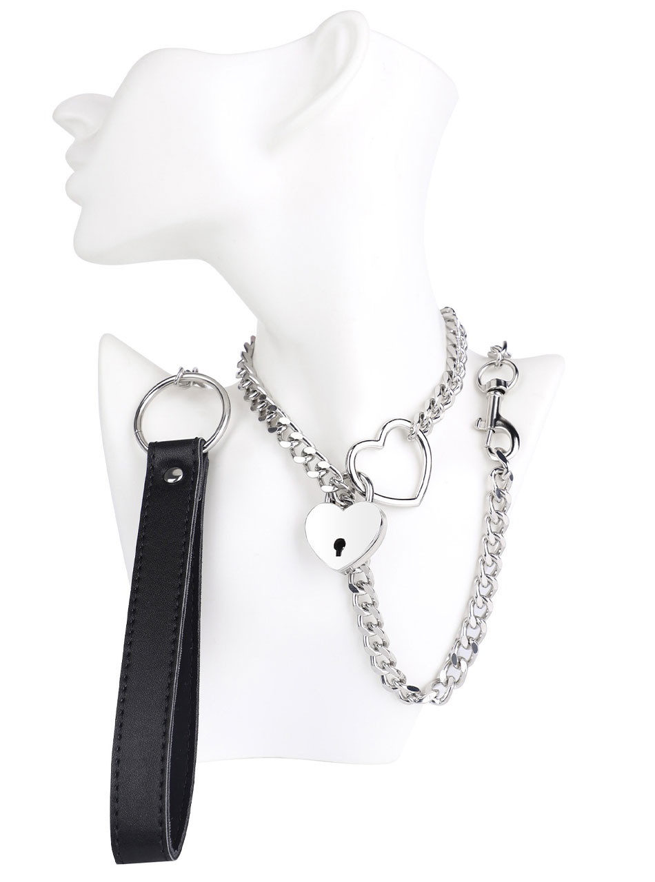 Silver heart lock chain collar + leash set