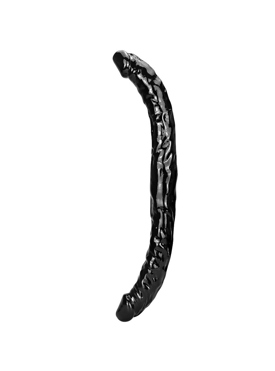 Extra long curved black double-ended body-safe PVC dildo with rounded ends