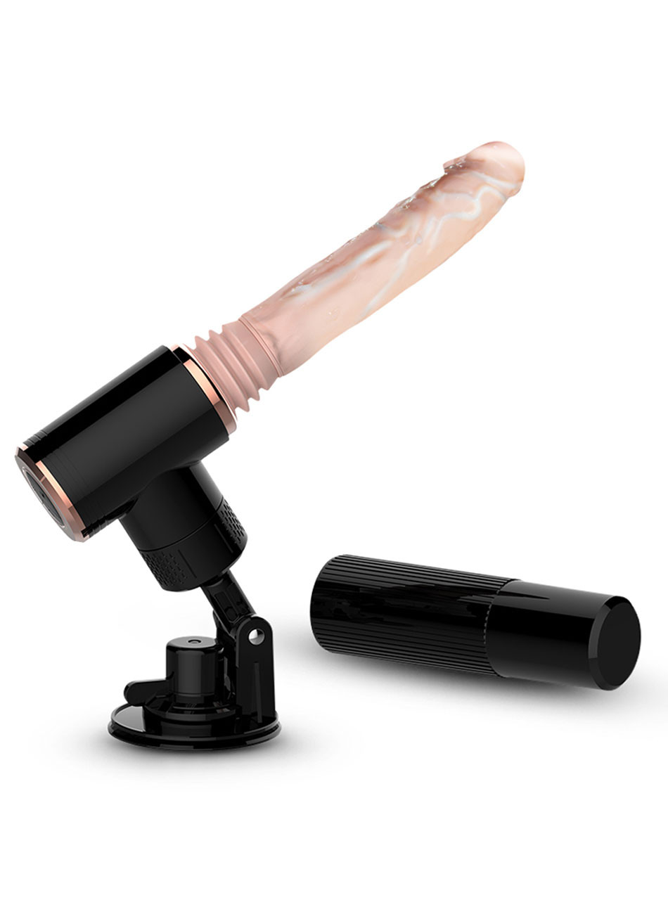 Black automatic thrusting and vibrating dildo with flesh-coloured silicone shaft, adjustable suction mount and protective cover