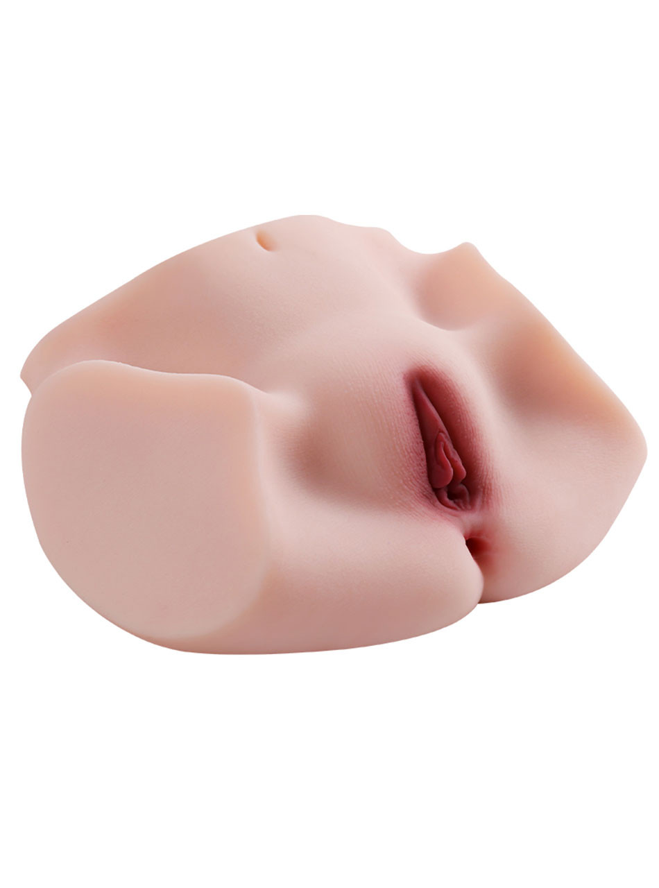 Angled view of Eva light skin tone masturbator showing her natural curves and deeply shaded realistic pussy