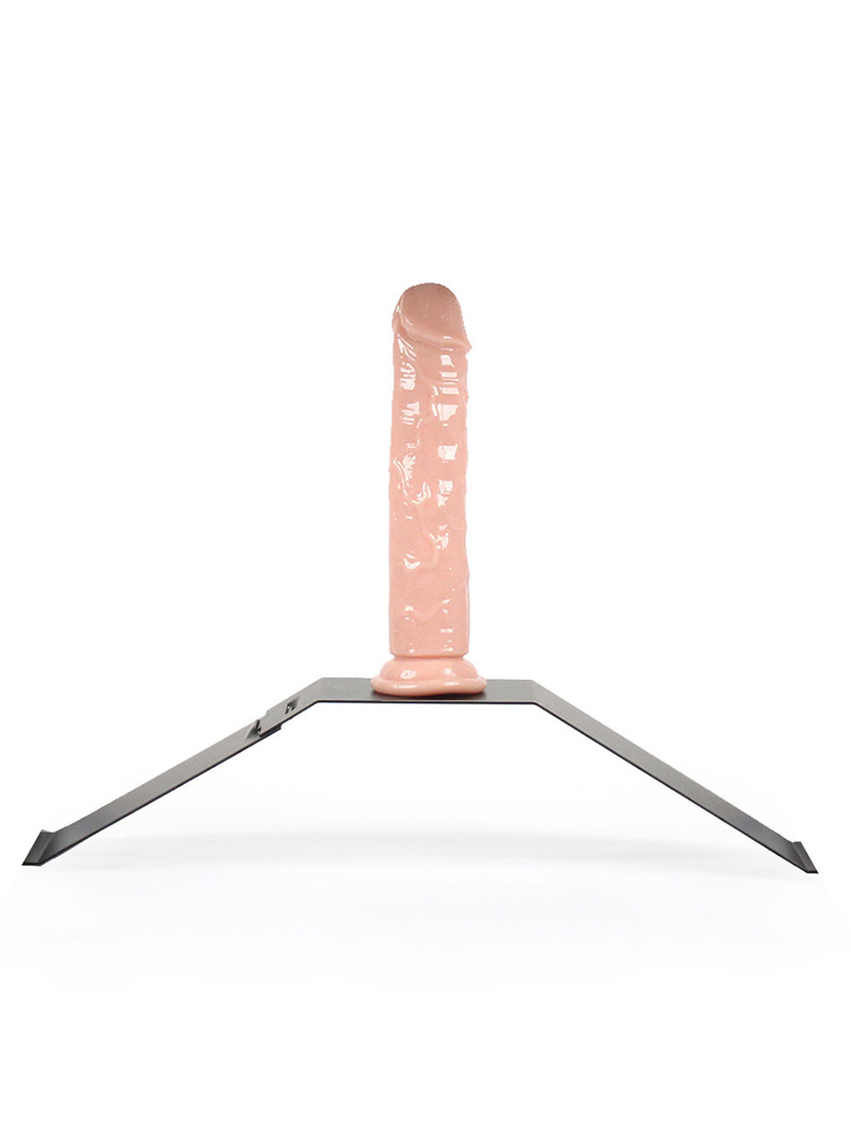 Large 22 cm x 4.5 cm (8.7 x 1.8 in) realistic flesh-toned TPE dildo mounted on metal sex chair stand
