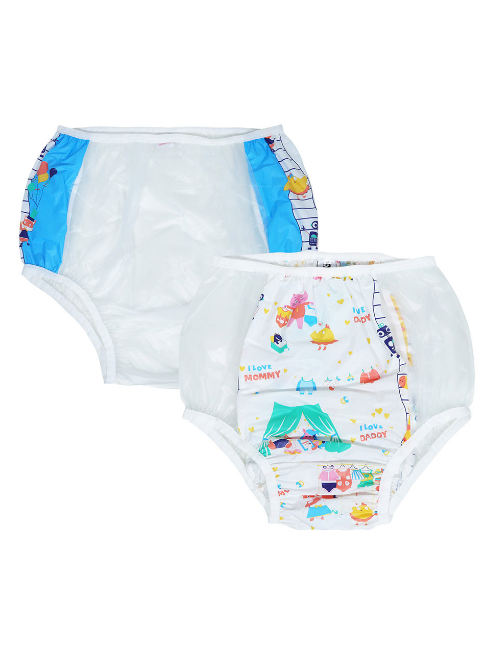 "Mommy & Daddy Playtime" transparent PVC ABDL pull up pants 2 pack with playful nursery print and I Love Mommy I Love Daddy details