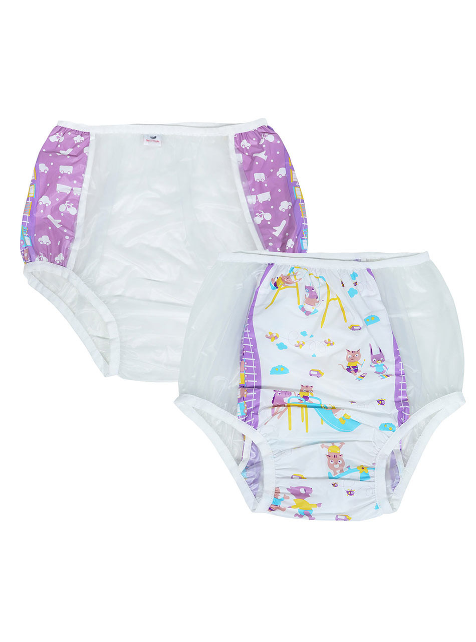 "Playground Pals" transparent PVC ABDL pull up pants 2 pack with purple cartoon animal playground print