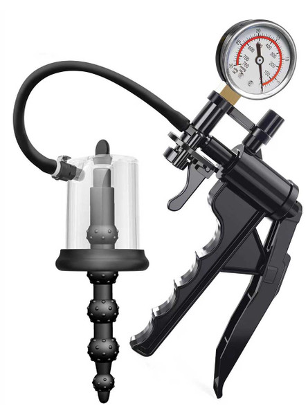 Vacuum pump kit with ribbed anal bead plug and built-in pressure gauge.