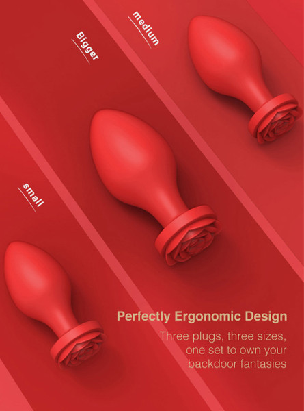 Three rose anal plugs in different sizes arranged for kinky anal training.