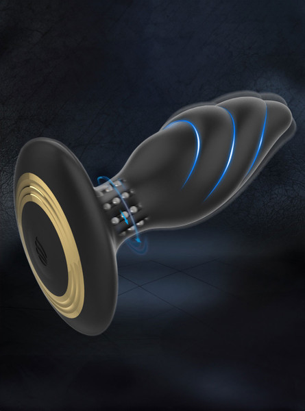 Black anal vibrator with twisted shaft and rotating bead ring.