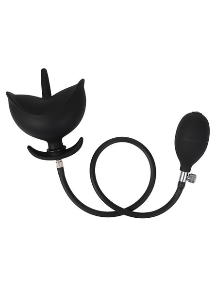 Inflatable anal plug with metal air valve and detachable pump hose.