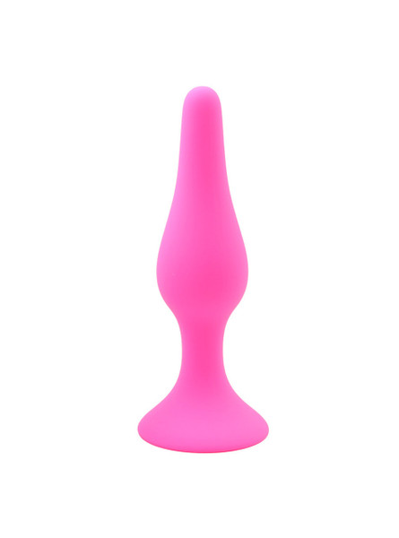 Hot pink silicone anal plug with suction base - tapered shape for comfortable use
