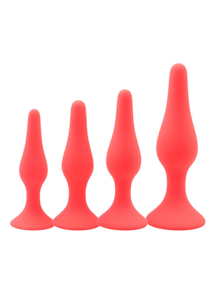 Red silicone anal plug set with suction base - 4 sizes training kit