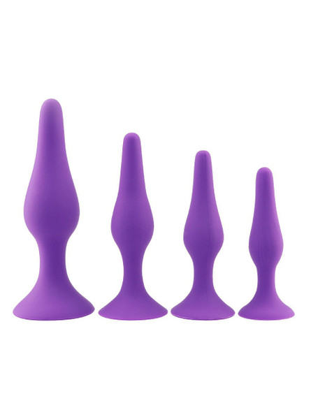 Purple silicone anal plug set with suction base - 4 sizes training kit