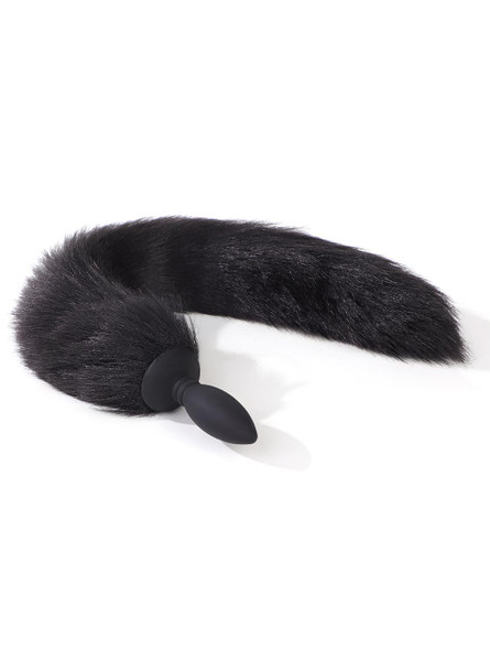 Curved black fox tail anal plug with long soft tail