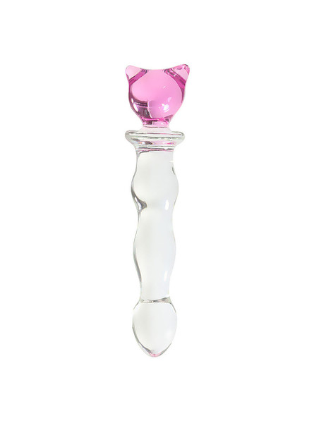 Pink cat crystal glass anal wand with clear curved shaft and playful cat-shaped handle