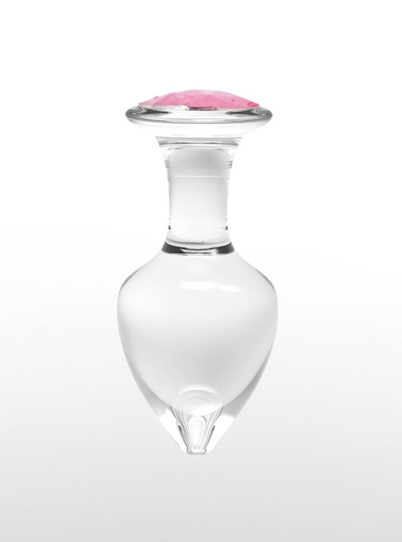 Single pink jewel crystal glass butt plug standing upright with smooth teardrop shape and jewel-style base