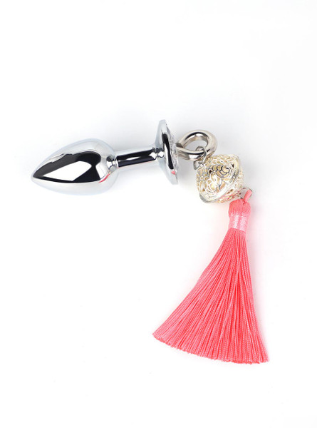 Pink tassel metal butt plug with silver teardrop plug, decorative bell, and charm ring