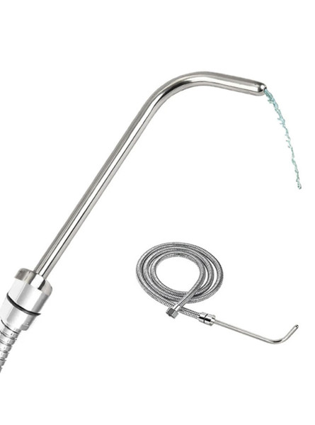 Stainless steel curved douche nozzle attached to shower hose with water flow example