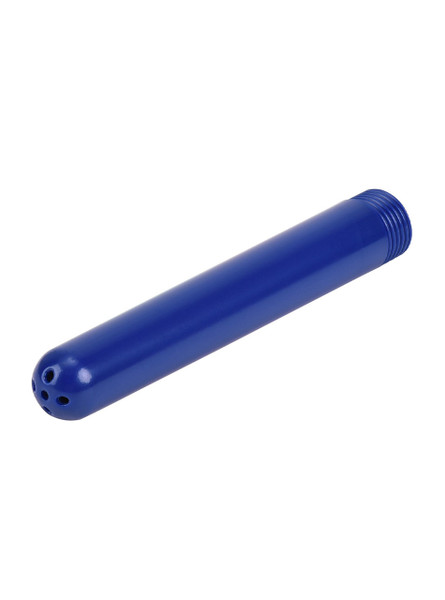 Blue ABS thick tube shower douche nozzle angled with rounded multi-hole tip and threaded base