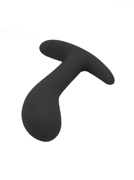 Black silicone anchor butt plug with curved shaft and wide safety base