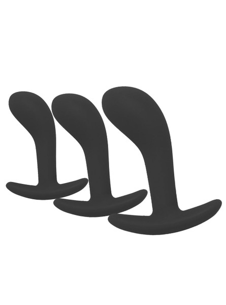 Black curved silicone anchor butt plug training set in small, medium and large sizes