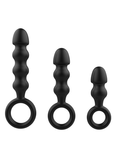 Black beaded vibrating anal training set with 2, 3 and 4 bead plugs and ring handles