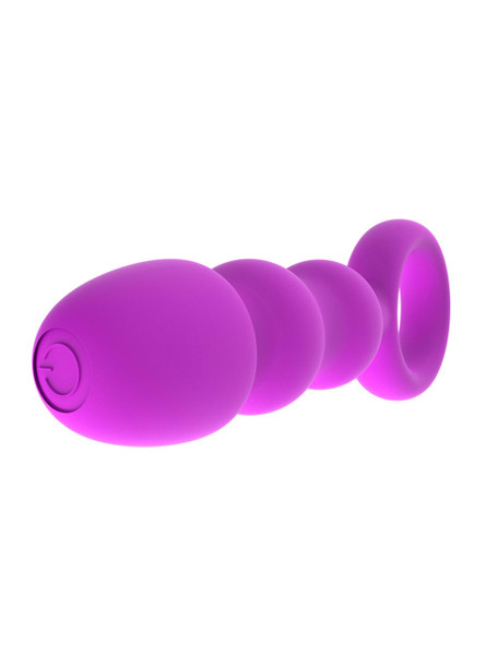 Purple 4 bead vibrating anal plug with rounded beads and ring handle