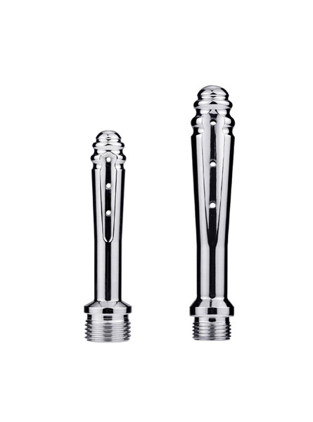 Small and large Silver Stream aluminium shower douche nozzles shown side by side