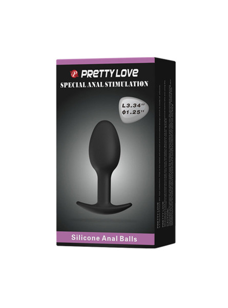 Black silicone rolling ball butt plug shown with retail packaging