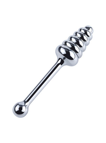 Graduated aluminium alloy anal stimulator with ribbed head and long control handle