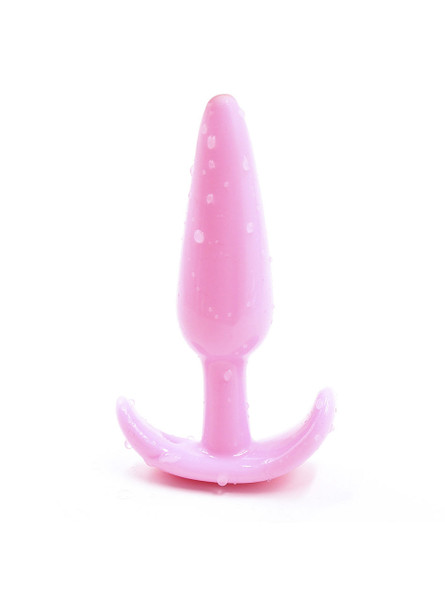 Pink curved silicone anchor butt plug with tapered body and crescent-shaped base