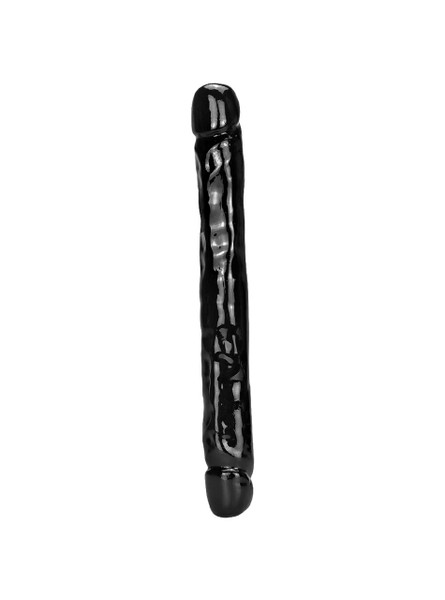 Long black double-ended body-safe PVC dildo measuring 32.5 cm (12.8 in) long and 4 cm (1.57 in) wide