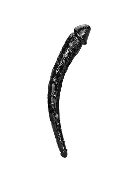 Extra long tapered curved black double-ended body-safe PVC dildo with different sized ends