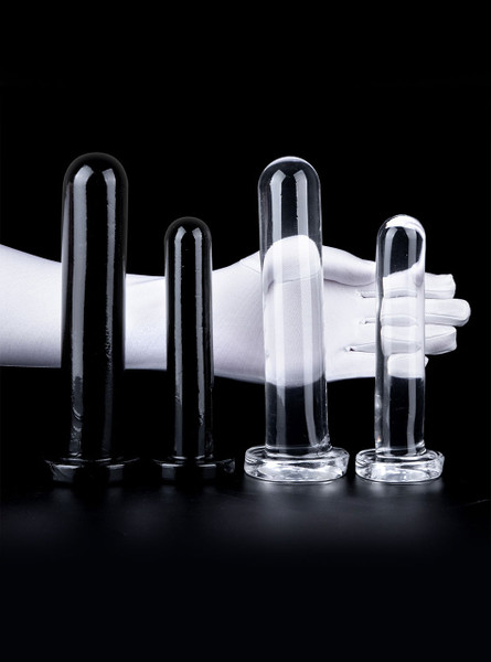 Black and clear Flexible Straight Dildos shown in different sizes against black background