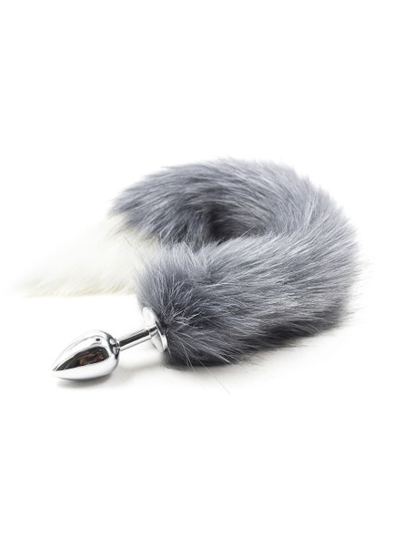 Light grey anal plug with a pristine white-tipped tail, evoking the spirit of a sly fox.