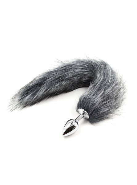 Polished anal plug with a luxuriously soft, dark grey tail with a white tip, ready for pet play.