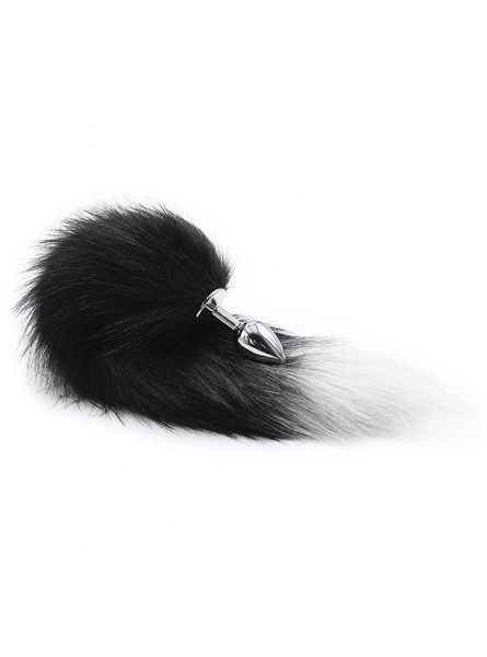 Anal plug with a luxurious black to white gradient fox tail, ready to bring out the night's playful secrets.