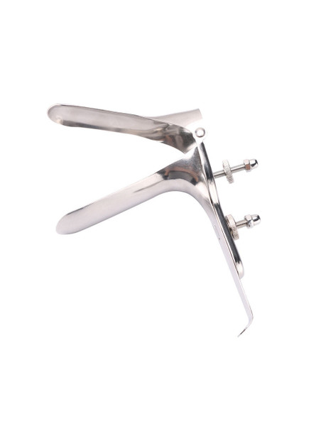 "Medical-grade stainless steel speculum angled for intimate viewing.