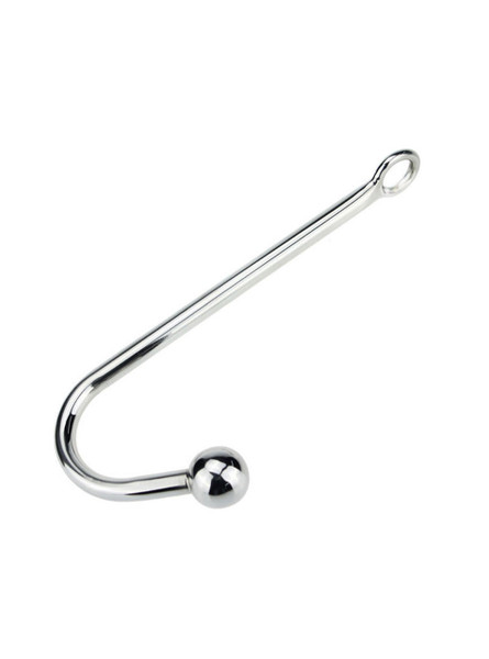 Stainless steel anal hook with smooth, polished finish and rounded end for comfortable use, featuring a practical loop for easy handling.