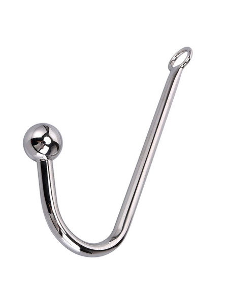 Stainless steel anal hook with smooth, polished finish and rounded end for comfortable use, featuring a practical loop for easy handling.