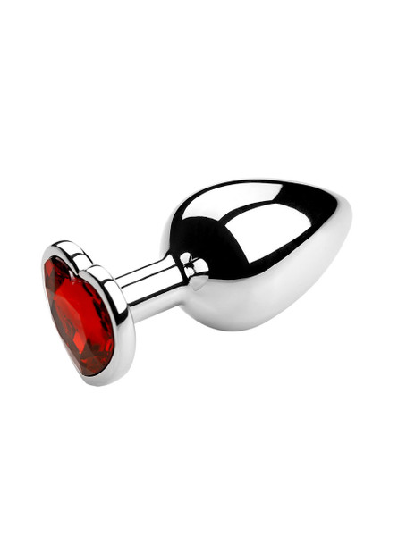 Elegant metal butt plug with a romantic red heart jewel, perfect for gift-giving or personal indulgence.