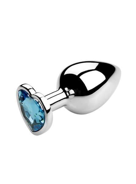 Light blue heart jewel metal butt plug on a reflective surface, ideal for enhancing anal play.