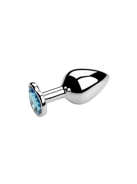 Elegant metal butt plug with a romantic light blue heart jewel, perfect for gift-giving or personal indulgence.