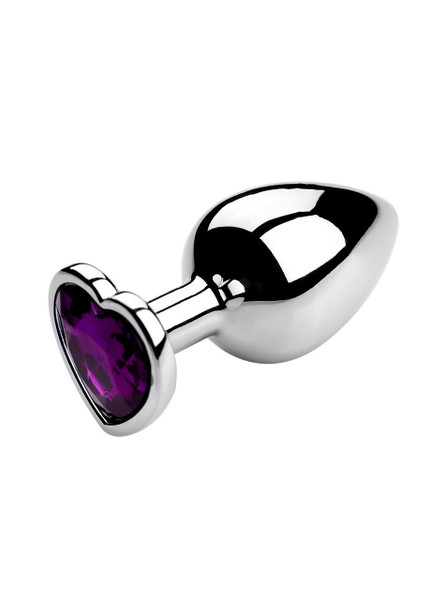 Purple heart jewel metal butt plug on a reflective surface, ideal for enhancing anal play.