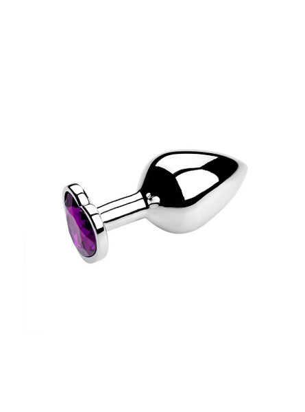 Elegant metal butt plug with a romantic purple heart jewel, perfect for gift-giving or personal indulgence.