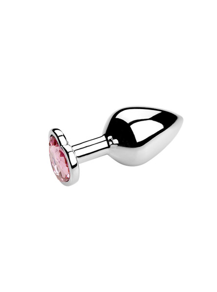 Elegant metal butt plug with a romantic light pink heart jewel, perfect for gift-giving or personal indulgence.