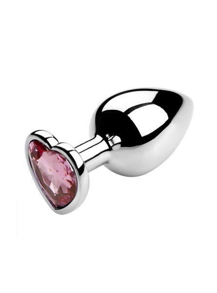 Light pink heart jewel metal butt plug on a reflective surface, ideal for enhancing anal play.
